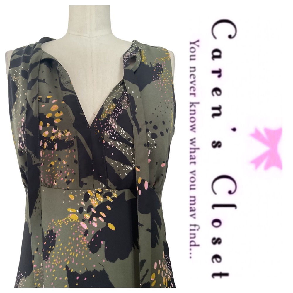 Bar III Olive Green Organic Print Sleeveless High Low Midi Dress - Picture 3 of 11